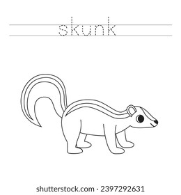 Trace letters and color black and white cartoon skunk.