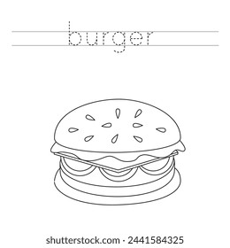 Trace letters and color black and white cartoon burger.
