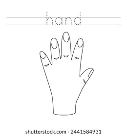 Trace letters and color black and white cartoon hand.