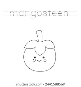 Trace letters and color black and white cartoon mangosteen.