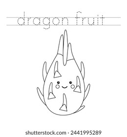 Trace letters and color black and white cartoon dragon fruit.