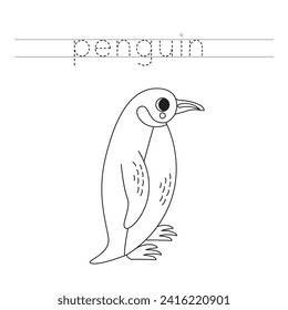 Rastrear las letras y el color del pingüino de dibujos animados. Práctica de escritura a mano para niños.