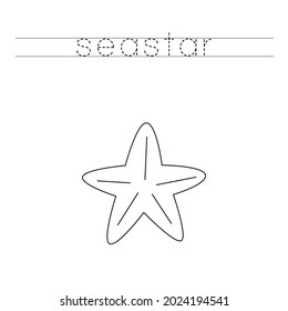 Trace the letters and color cartoon sea star. Handwriting practice for kids.