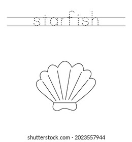 Trace the letters and color cartoon seashell. Handwriting practice for kids.
