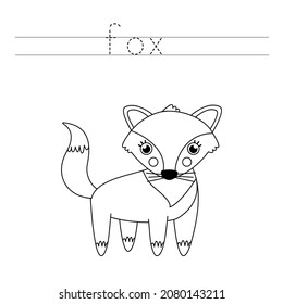 Trace the letters and color cute fox. Handwriting practice for kids.