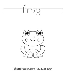 Trace the letters and color cute frog. Handwriting practice for kids.
