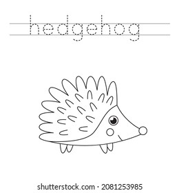 Trace the letters and color cute hedgehog. Handwriting practice for kids.