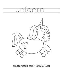 Trace The Letters And Color Cute Unicorn. Handwriting Practice For Kids.