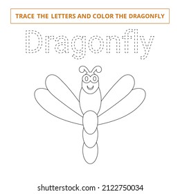 Trace the letters and color the dragonfly.Handwriting worksheet for kids.