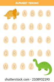 Trace letters of English alphabet. Cute dinosaurs. Handwriting practice for preschool kids.