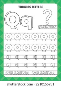 Trace letters of English alphabet and fill colors Uppercase and lowercase Q. Handwriting practice for preschool kids worksheet.
