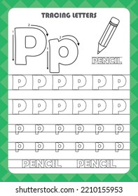 Trace letters of English alphabet and fill colors Uppercase and lowercase P. Handwriting practice for preschool kids worksheet.