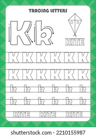 Trace letters of English alphabet and fill colors Uppercase and lowercase K. Handwriting practice for preschool kids worksheet.