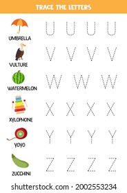 Trace letters of English alphabet. Handwriting practice for preschool kids.