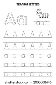 Trace Letters Of English Alphabet. Uppercase And Lowercase Aa. Handwriting Practice For Preschool Kids.