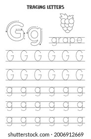 Trace Letters Of English Alphabet. Uppercase And Lowercase G. Handwriting Practice For Preschool Kids.