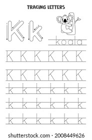 Trace Letters Of English Alphabet. Uppercase And Lowercase K. Handwriting Practice For Preschool Kids.