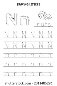 Trace Letters Of English Alphabet. Uppercase And Lowercase N. Handwriting Practice For Preschool Kids.