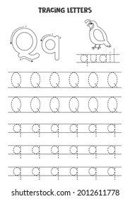 Trace Letters Of English Alphabet. Uppercase And Lowercase Q. Handwriting Practice For Preschool Kids.