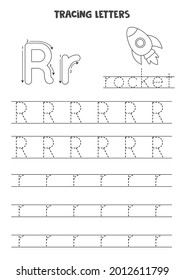 Trace letters of English alphabet. Uppercase and lowercase R. Handwriting practice for preschool kids.