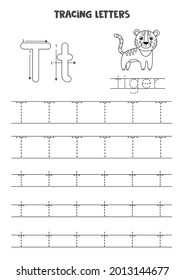 Trace letters of English alphabet. Uppercase and lowercase T. Handwriting practice for preschool kids.