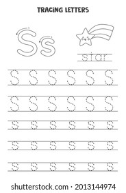 Trace letters of English alphabet. Uppercase and lowercase S. Handwriting practice for preschool kids.