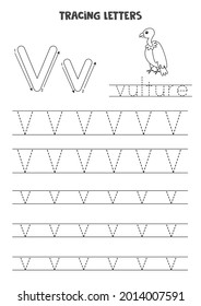 Trace letters of English alphabet. Uppercase and lowercase V. Handwriting practice for preschool kids.