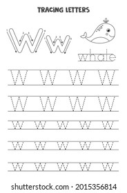 Trace letters of English alphabet. Uppercase and lowercase W. Handwriting practice for preschool kids.