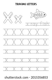 Trace letters of English alphabet. Uppercase and lowercase X. Handwriting practice for preschool kids.