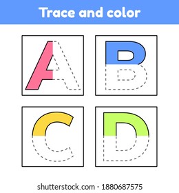 Trace letters for kindergarten and preshool kids. Write and color. Vector Illustration.