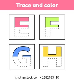 Trace letters for kindergarten and preshool kids. Write and color. Vector Illustration.