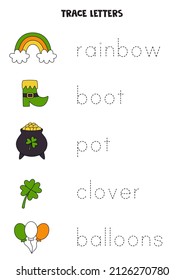 Trace letters of Saint Patrick day symbols. Handwriting practice for preschool kids.
