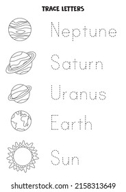 Letras de planetas del sistema solar. Práctica de escritura a mano para niños de preescolar.