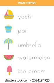 Trace letters of summer elements. Handwriting practice for preschool kids.