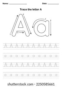 Trace the letters in uppercase and lowercase. A preschool worksheet that teaches kids the alphabet through tracing. Pre-K and kindergarten activity pages. Vector illustration.