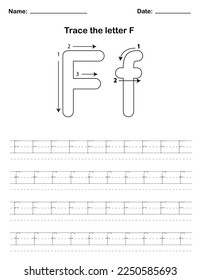 Trace the letters in uppercase and lowercase. A preschool worksheet that teaches kids the alphabet through tracing. Pre-K and kindergarten activity pages. Vector illustration.
