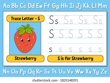 Trace letters. Writing practice. Tracing worksheet for kids. Learn alphabet. Cute character. Vector illustration. Cartoon style.
