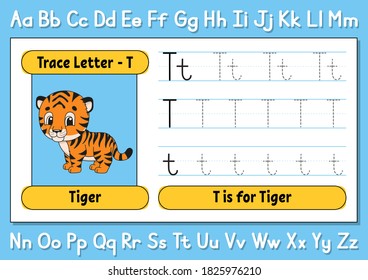 Trace letters. Writing practice. Tracing worksheet for kids. Learn alphabet. Cute character. Vector illustration. Cartoon style.