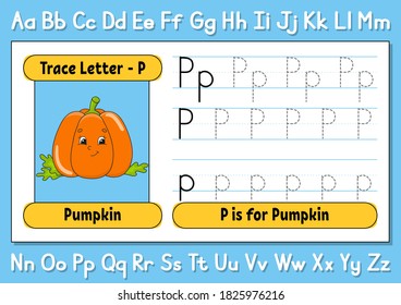 Trace letters. Writing practice. Tracing worksheet for kids. Learn alphabet. Cute character. Vector illustration. Cartoon style.