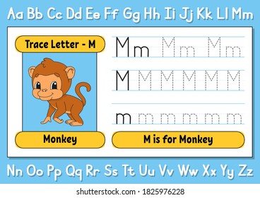 Trace letters. Writing practice. Tracing worksheet for kids. Learn alphabet. Cute character. Vector illustration. Cartoon style.