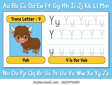 Trace letters. Writing practice. Tracing worksheet for kids. Learn alphabet. Cute character. Vector illustration. Cartoon style.