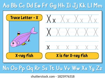 Trace letters. Writing practice. Tracing worksheet for kids. Learn alphabet. Cute character. Vector illustration. Cartoon style.
