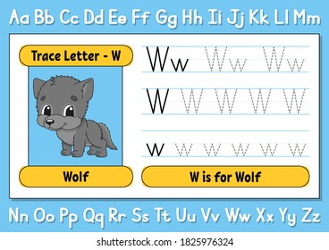 Trace letters. Writing practice. Tracing worksheet for kids. Learn alphabet. Cute character. Vector illustration. Cartoon style.