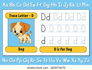 Trace letters. Writing practice. Tracing worksheet for kids. Learn alphabet. Cute character. Vector illustration. Cartoon style.