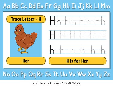 Trace letters. Writing practice. Tracing worksheet for kids. Learn alphabet. Cute character. Vector illustration. Cartoon style.