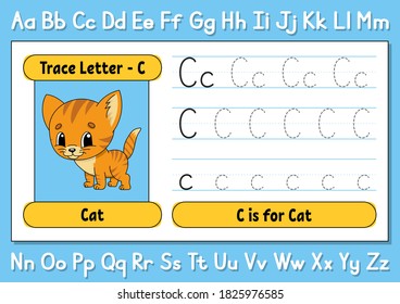 Trace letters. Writing practice. Tracing worksheet for kids. Learn alphabet. Cute character. Vector illustration. Cartoon style.