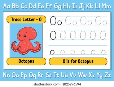 Trace letters. Writing practice. Tracing worksheet for kids. Learn alphabet. Cute character. Vector illustration. Cartoon style.