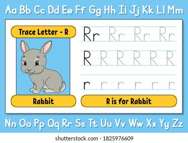 Trace letters. Writing practice. Tracing worksheet for kids. Learn alphabet. Cute character. Vector illustration. Cartoon style.