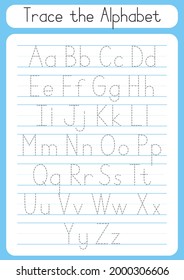 Trace letters. Writing practice. Tracing worksheet for kids. Learn alphabet. ABC game. Vector illustration. Cartoon style. svg