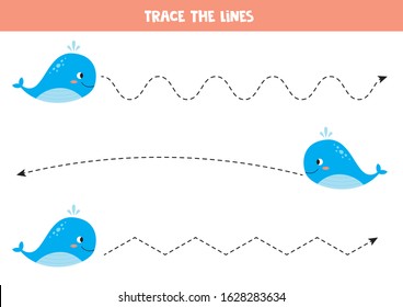 Trace line with blue whale. Handwriting practice for kids.